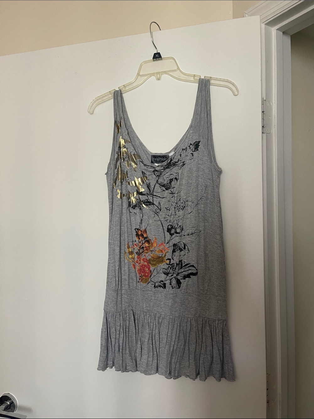 Gray Floral Tank Dress with Gold Foil Accent